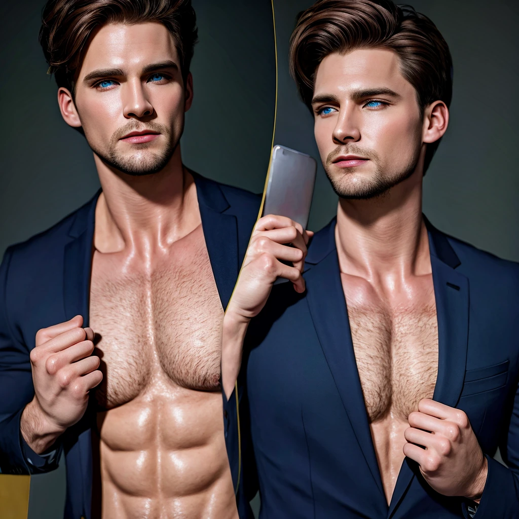 (masterpiece, best quality:1.2), 1man, solo, handsome face, perfect face, brown hair, blue eyes, black suit, glares.