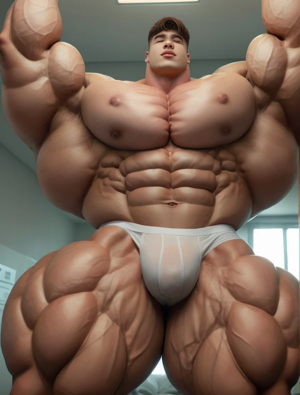 1boy, giant, alone, giant bodybuilder, illuminating light, strong body, bulk, large size, stay in white hospital room, indoor, armpit, nude, white triangular underwear, massive bulge, extraordinary big, brutalmass, giant muscular body, bulk, buff, massive body, large meaty body size, extremely wide body,