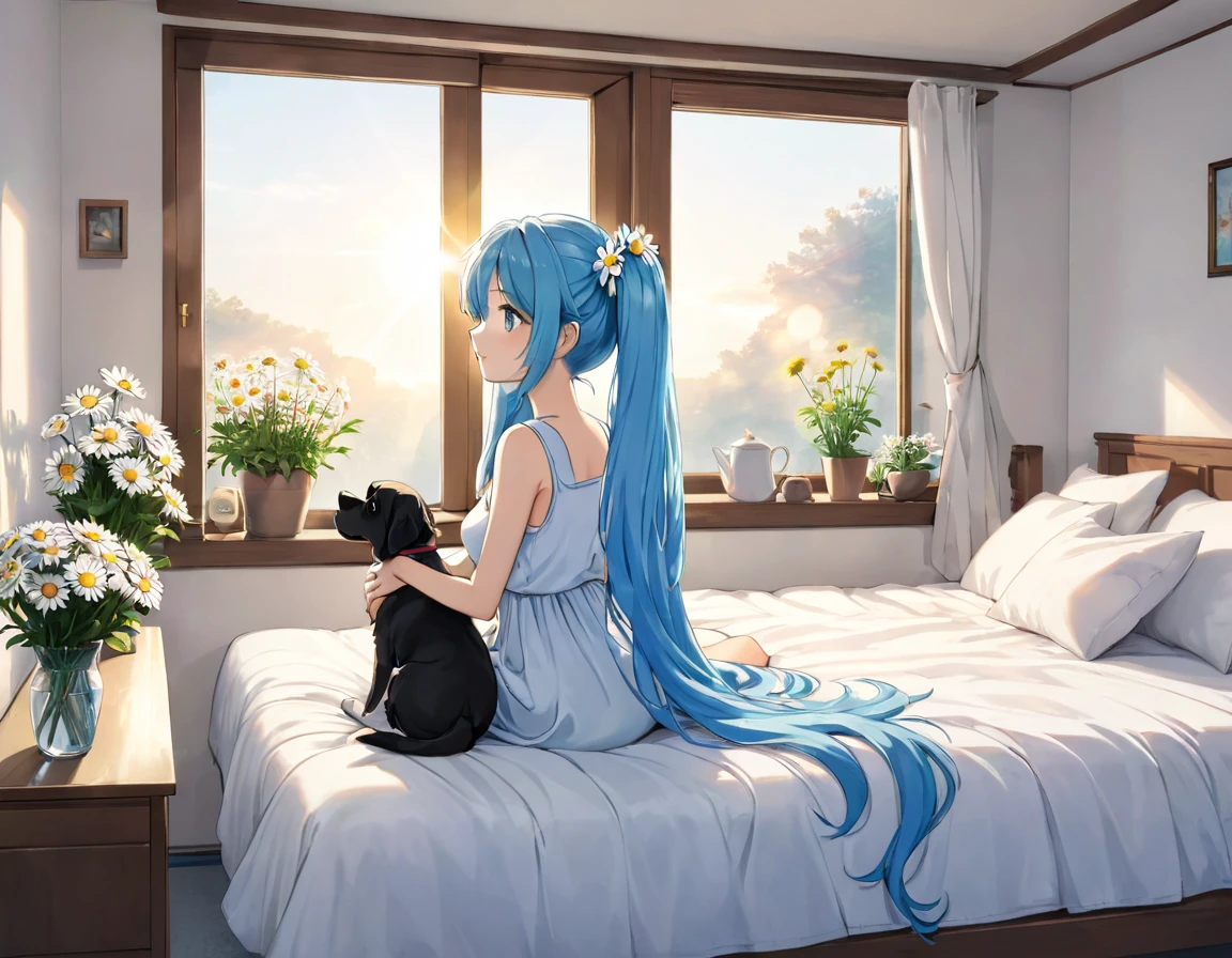 The room is decorated with many daisies.、Margaret flowers on the windowsill、The morning sun is shining、Long light blue hair、Beautiful girl with twin tails、Sitting on the bed holding a large pillow、A dog is watching next to the beautiful girl.