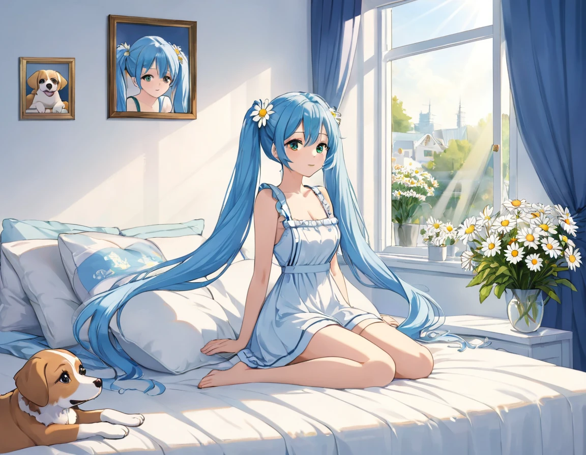 The room is decorated with many daisies.、Margaret flowers on the windowsill、The morning sun is shining、Long light blue hair、Beautiful girl with twin tails、Sitting on the bed holding a large pillow、A dog is watching next to the beautiful girl.