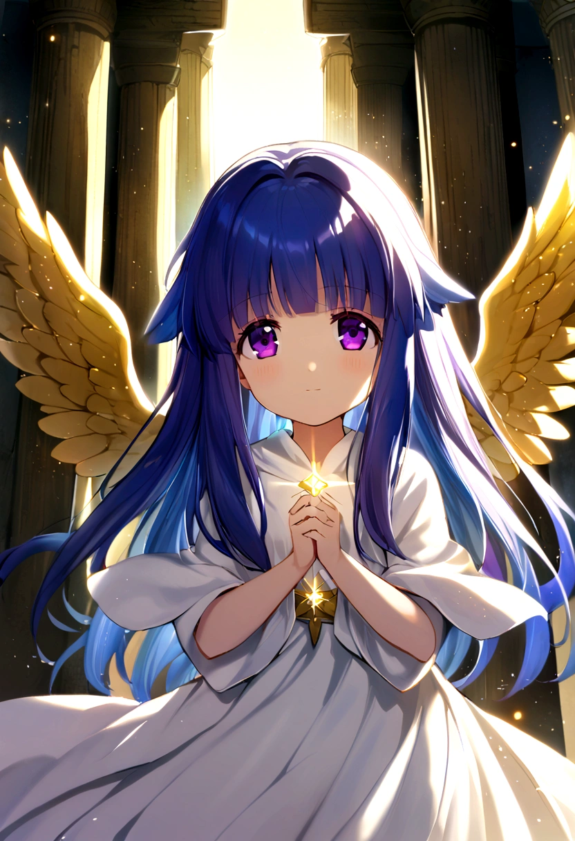 (furude rika), blue hair, purple eyes, 1 Girl, alone, Angel, Ancient temple, Marble pillar, Sunshine pours in, White Robe, Golden wings, Peace and serenity, Sparkling light particles, Floating Feeling, The blessing scene