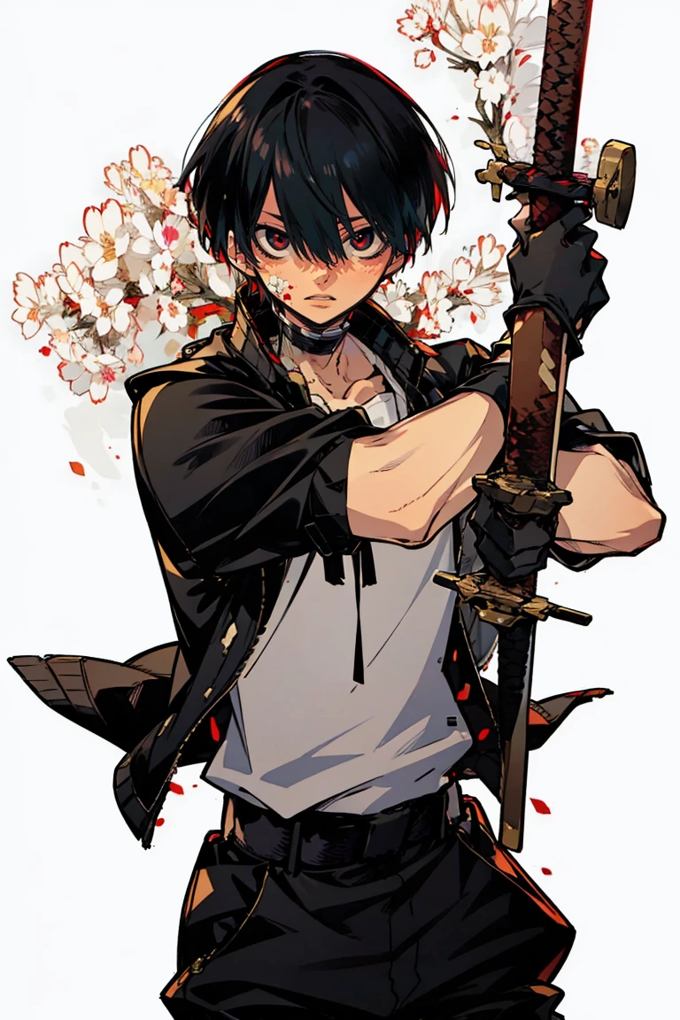 (simple background, gray background), 1 character, 1boy, fantasy art:1.1), rekkyou sensen,rekkyo sensen, hasuichi nishizono, short hair, black hair, red eyes, boy, male, anime,1boy, bangs, hair between eyes, jacket, looking at viewer, male focus, solo, zipper, black clothes, black gloves, silver choker