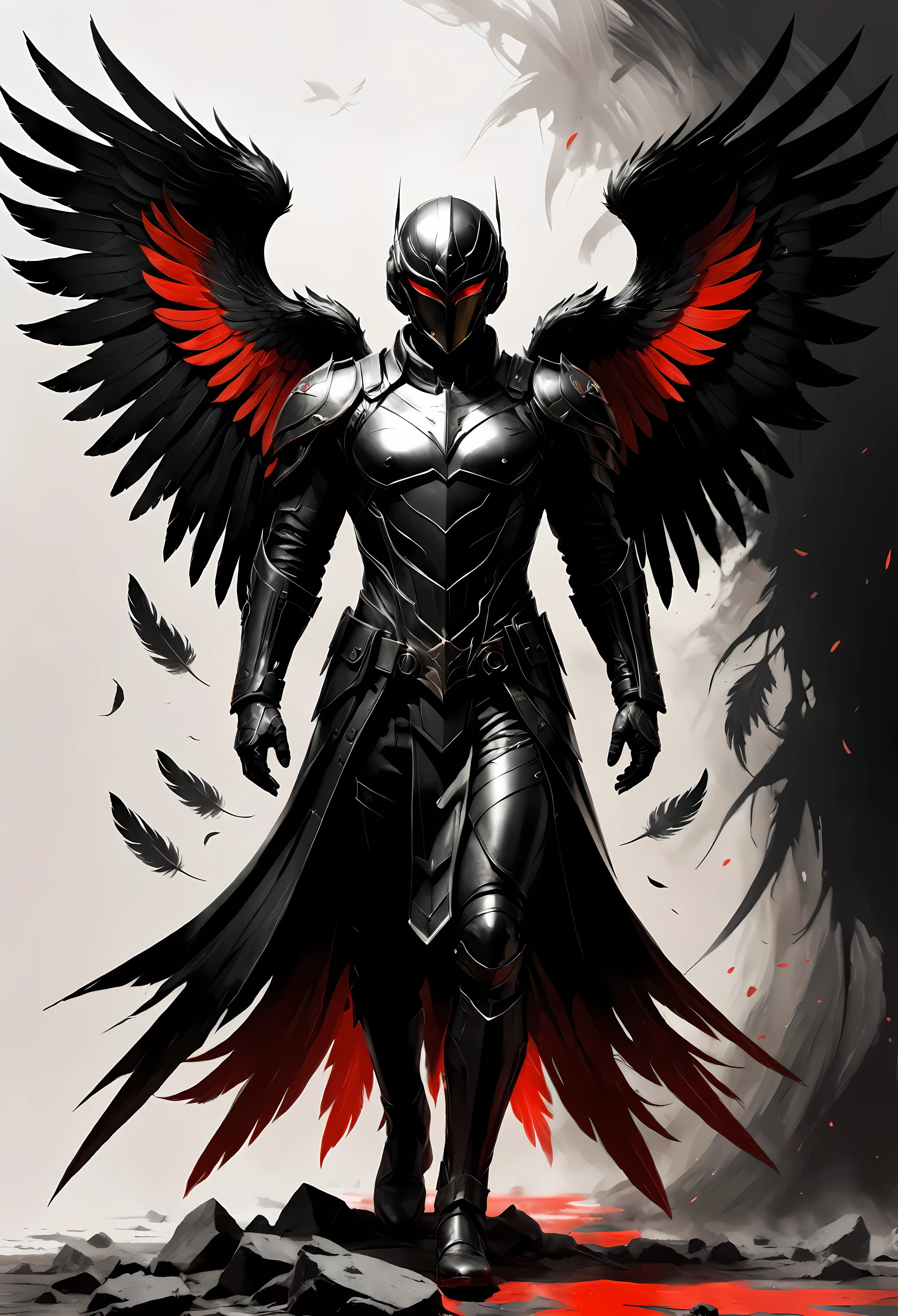 ((Full body):1.2),((Selective color):1.1), Drawing of a Black Angel in Modern Military Uniform with Red Eye, silhouette of black and dark feathers in background, smooth lines, fine art piece, Express expressions and postures through ink contrast, emphasize light, shadow and space. figurative art, (best quality, 4K, 8k, high resolution,masterpiece:1.2) ,(actual, photoactual, photo-actual:1.37). ((perfect_composition, perfect_design, perfect_layout, perfect_detail, ultra_detailed)), ((enhance_all, fix_everything)), More Detail, Enhance.