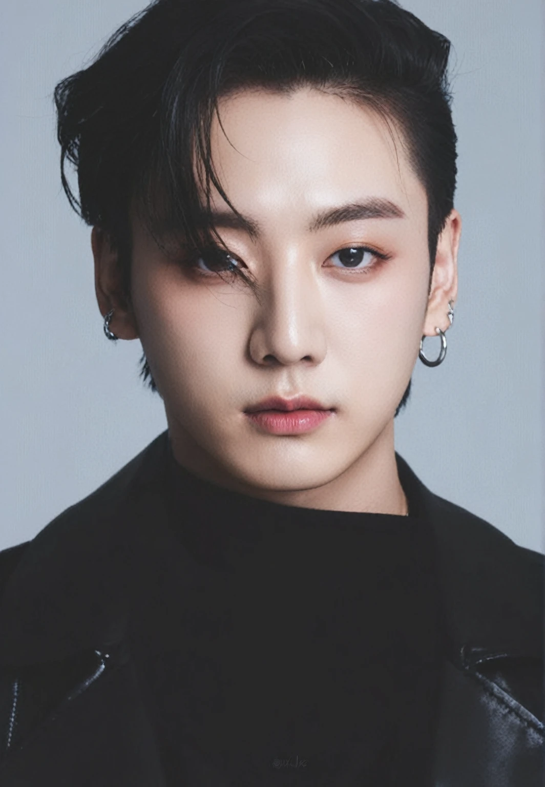 a close up of a person with a black jacket and earrings, jungkook, cai xukun, hyung tae, jinyoung shin, taken in the early 2020s, portrait of kpop idol, taejune kim, by Tadashi Nakayama, glossy from rain, hong june hyung, inspired by jeonseok lee, wan adorable korean face, ten lee