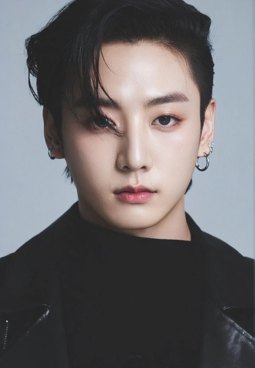 a close up of a person with a black jacket and earrings, jungkook, cai xukun, hyung tae, jinyoung shin, taken in the early 2020s, portrait of kpop idol, taejune kim, by Tadashi Nakayama, glossy from rain, hong june hyung, inspired by jeonseok lee, wan adorable korean face, ten lee