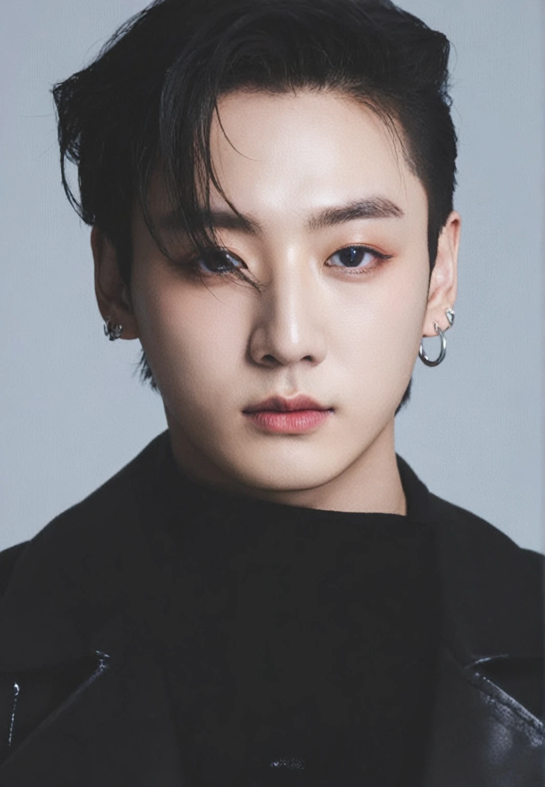 a close up of a person with a black jacket and earrings, jungkook, cai xukun, hyung tae, jinyoung shin, taken in the early 2020s, portrait of kpop idol, taejune kim, by Tadashi Nakayama, glossy from rain, hong june hyung, inspired by jeonseok lee, wan adorable korean face, ten lee