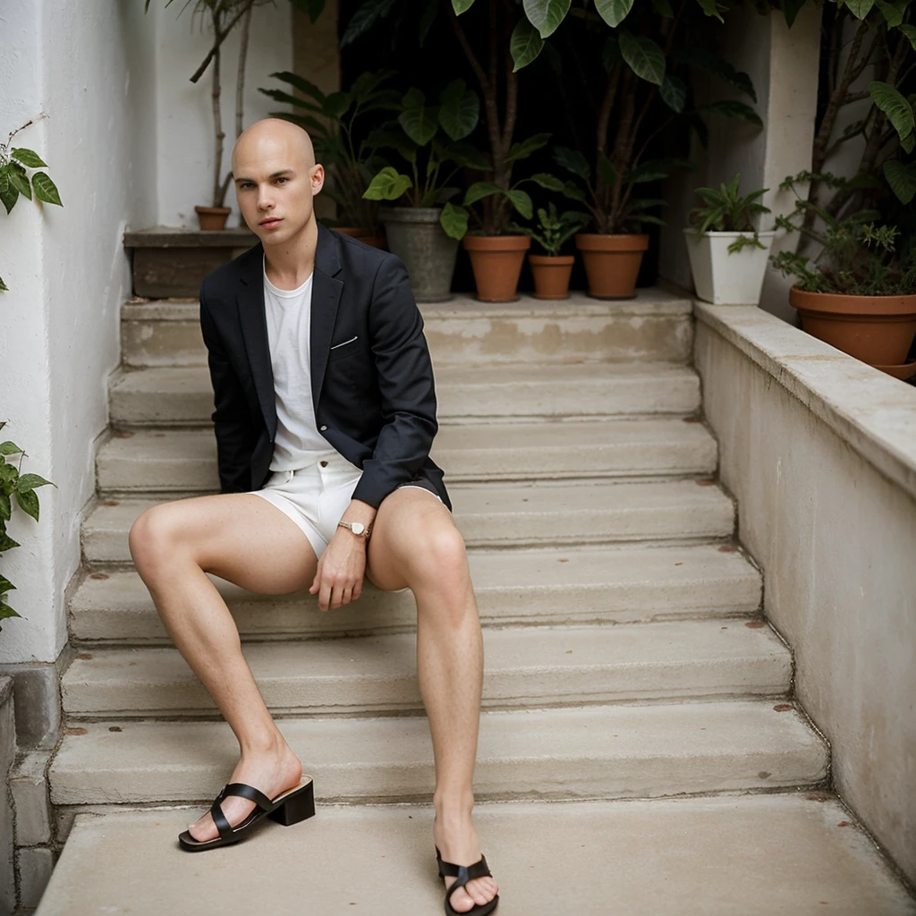 naughty man, age 25, Scrawny, offwhite, baldie, without hair, chic, suit, social shoe, sitting on the stairs, casa chic, millionaire, swimpool, plants