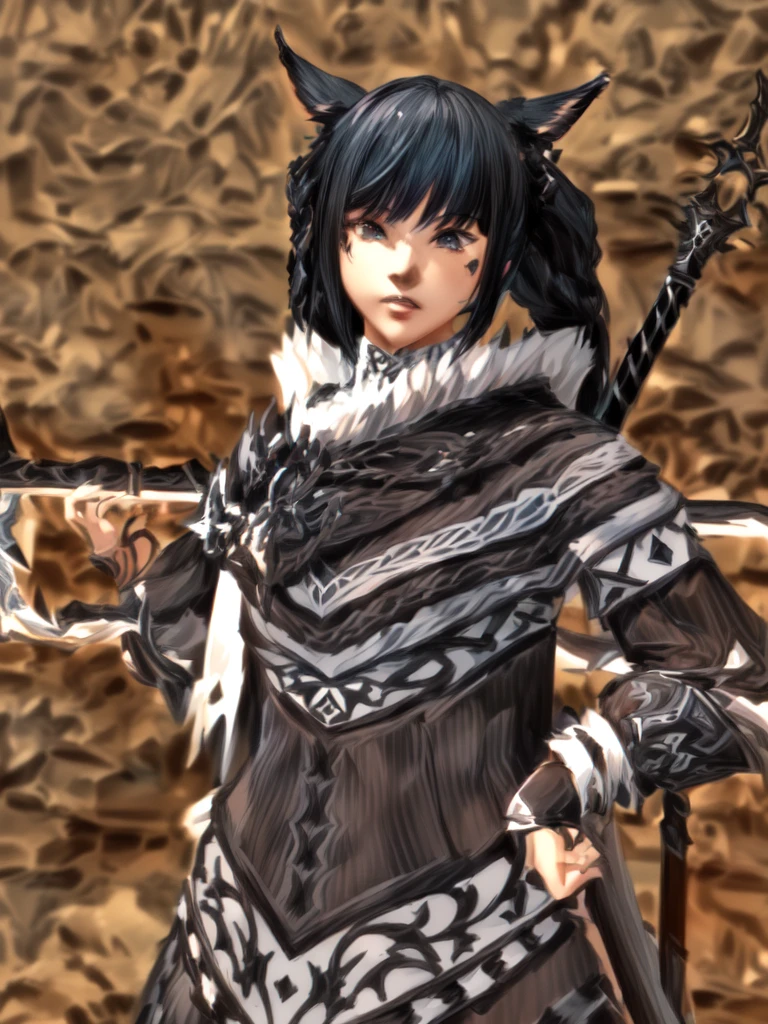 there is a woman dressed in black and white holding a sword, final fantasy style 14, final fantasy 14 sharp, Wearing monster hunter armor, JRPG Aztec Street Fashion, Final Fantasy 1 4 screenshot, fashion jrpg, with monster hunter armor, Final Fantasy 1 4, Final Fantasy XIV, ffxiv, 2 second, 2b, inspired by Ren Renfa