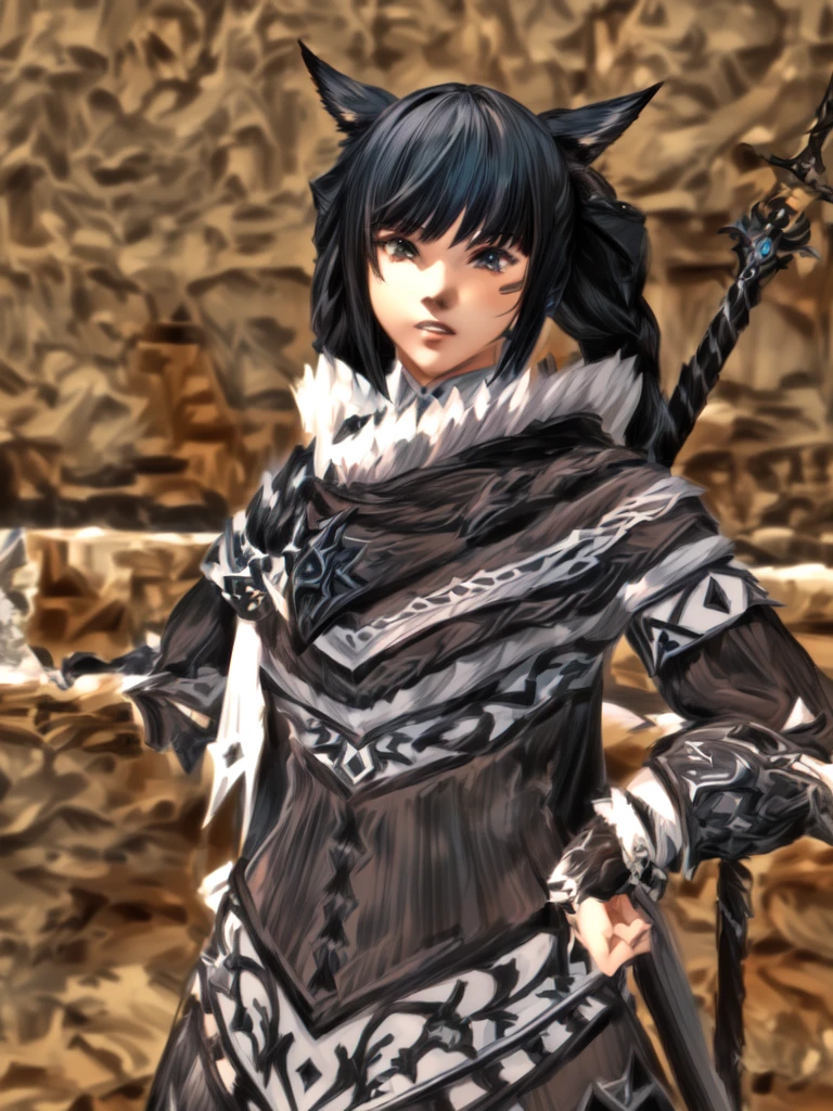 there is a woman dressed in black and white holding a sword, final fantasy style 14, final fantasy 14 sharp, Wearing monster hunter armor, JRPG Aztec Street Fashion, Final Fantasy 1 4 screenshot, fashion jrpg, with monster hunter armor, Final Fantasy 1 4, Final Fantasy XIV, ffxiv, 2 second, 2b, inspired by Ren Renfa
