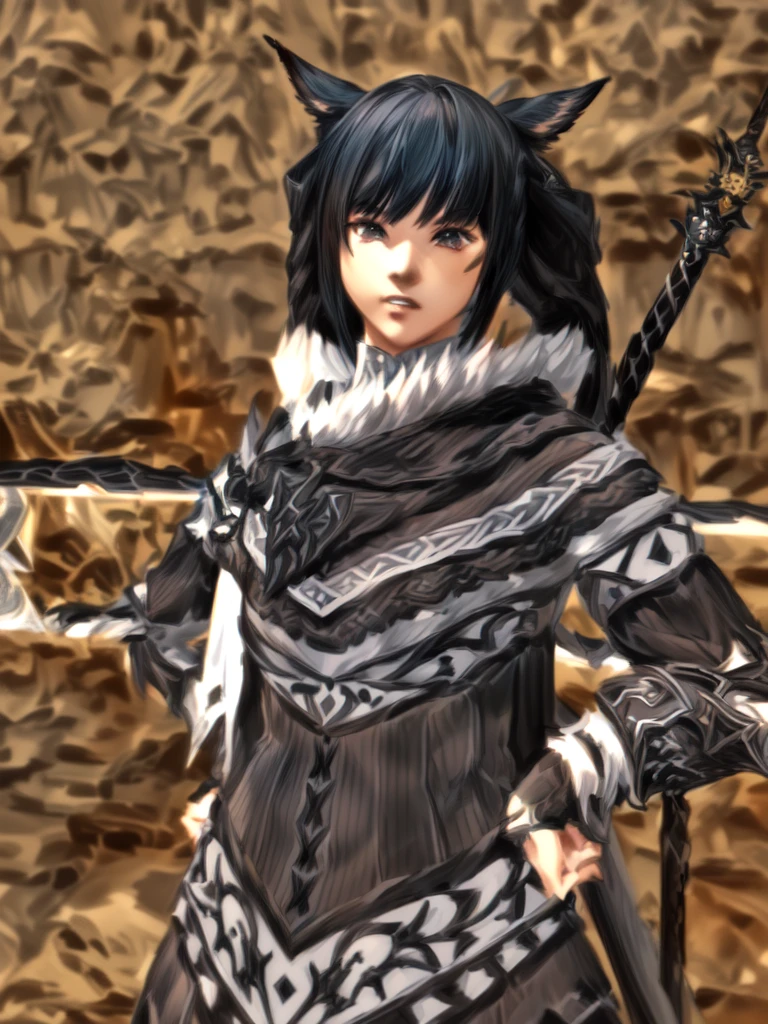 there is a woman dressed in black and white holding a sword, final fantasy style 14, final fantasy 14 sharp, Wearing monster hunter armor, JRPG Aztec Street Fashion, Final Fantasy 1 4 screenshot, fashion jrpg, with monster hunter armor, Final Fantasy 1 4, Final Fantasy XIV, ffxiv, 2 second, 2b, inspired by Ren Renfa