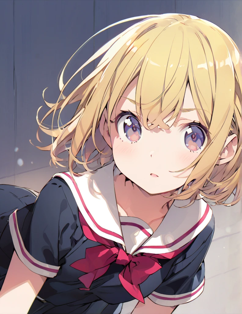 masterpiece, absurdres, best quality, ultra detailed, high Resolution, detailed illustration, bright colour, (extremely beautiful detailed face and eyes, Delicate beautiful face, 1 girl, cute face:1.3), (magenta eyes:1.1), sparkling eyes, big eyes, medium breasts, (perky breasts:1.1), (pointy breasts:1.1), medium hips, glamorous body, white skin, BREAK, long bob cut, (blonde hair:0.8), messy hair, detailed hair, shiny hair, BREAK (undressed, sailor uni form:1.3), perfect lighting, (embarrassed:1.3), (???????, vulgarity:1.5), (trembling:0.8), (Sleeping on your back, On the mat, From above:1.3), 