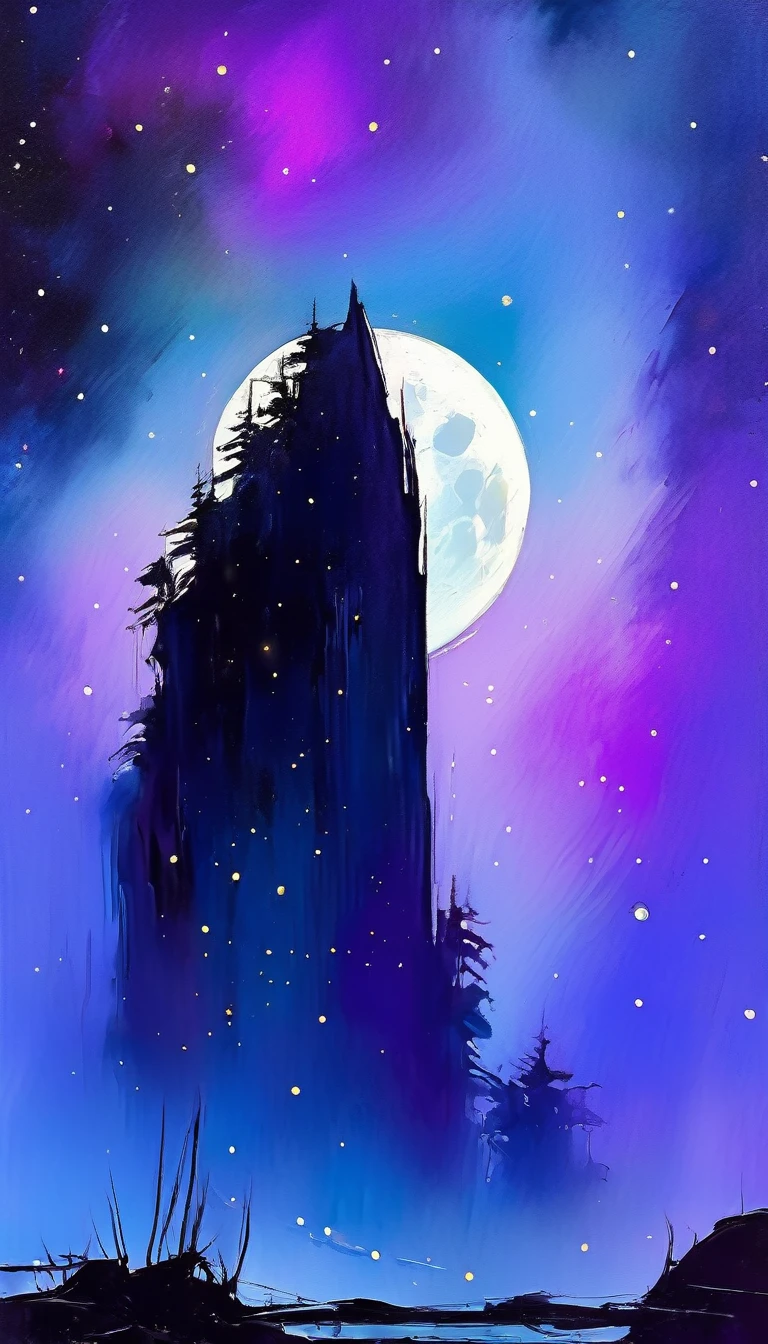 magic, fantastic, night sky, moon, stars, background, (simple oil painting in a style to Bill Sienkiewicz)