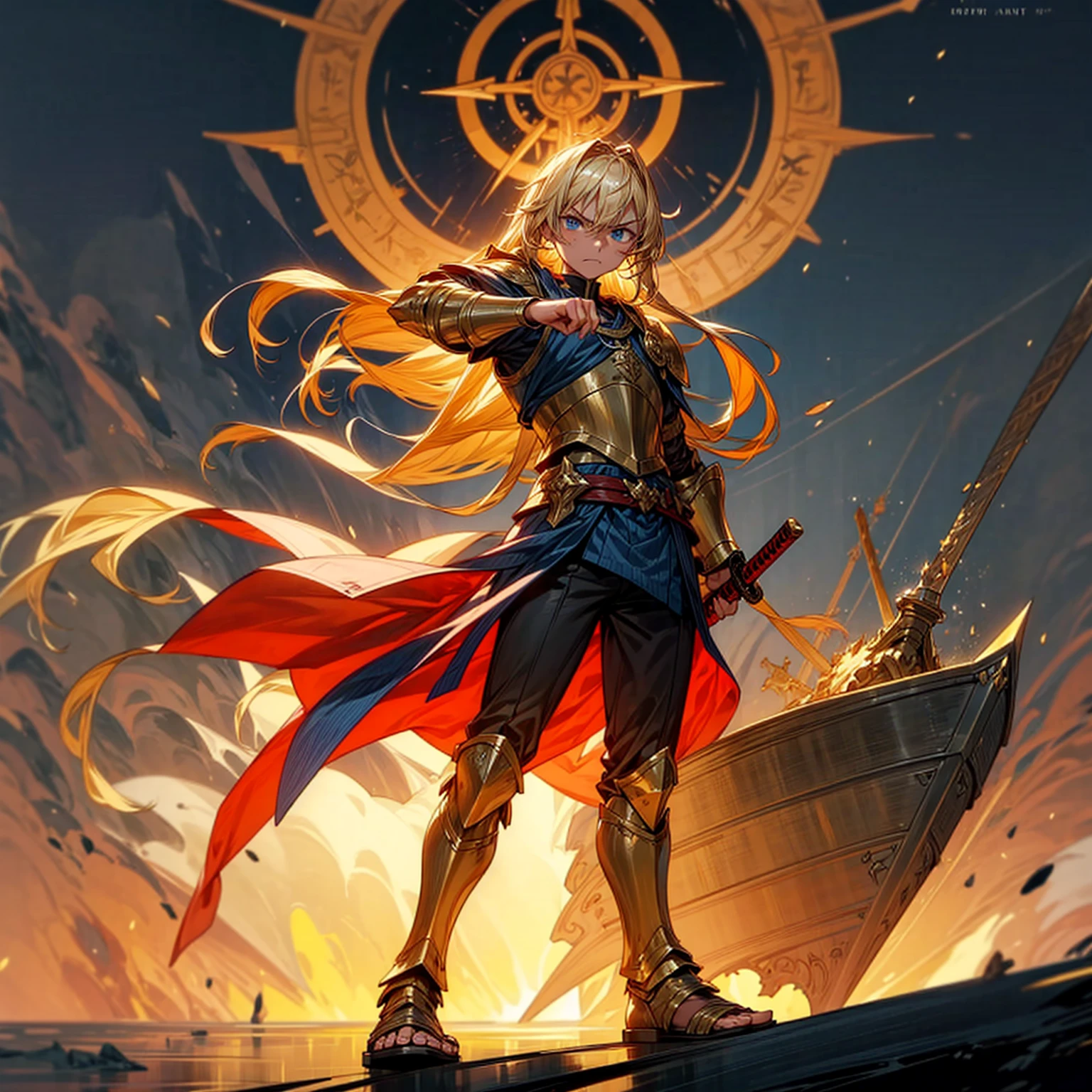 1boys, Full body version, 1character, muscle, blue eyes, Tan skin, very long hairstyle, blonde colour hair, very angry expression, angry eyes, angry mouth, templar knight clothing, blue colour clothing, ancient Greek sandals, gold sword in hand, small shield gold in hand, gold armor, Grassroots background in big ship, sea, background ship damage, war in ship, fire, fire light, light fire silhouette, in evening, (war gesture), bloody in ship, blood on face, blood on sword, blood on armor, bloody background