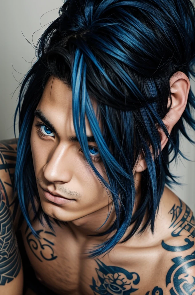 Black haired anime boy with blue locks, blue eyes, with tattoos and percin