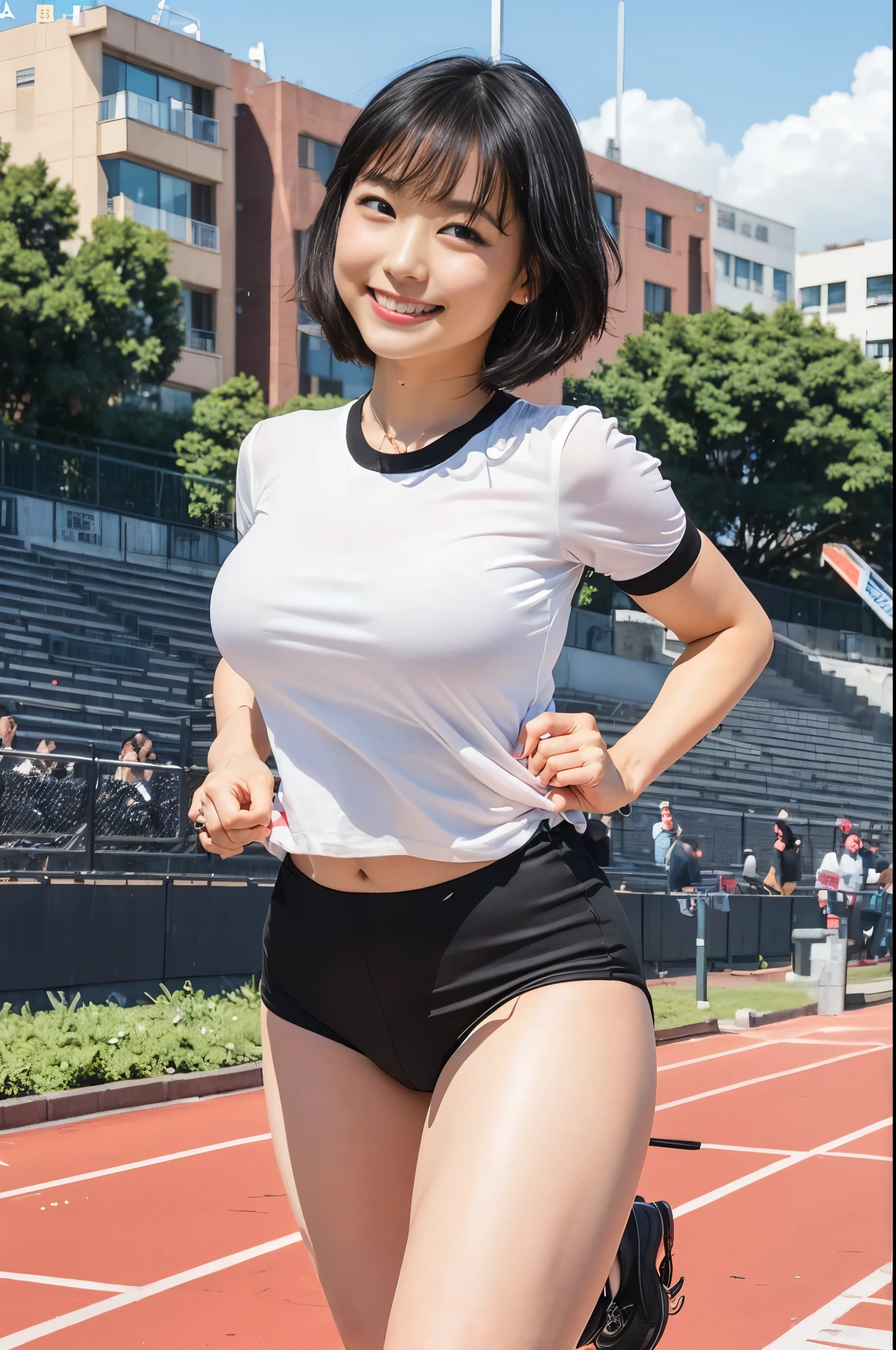 （8K、Raw photography、Highest quality、masterpiece：1.2),(Black Hair、Dark Eyes:1.9),(:1.6)、View your audience,Viewed from the front,White skin,(:1.3)、(Tight waist:1.6)、(Clothes that accentuate the shape of the breasts:1.0)、(Big Breasts :1.3)、Slim figure、Ultra-high resolution,beautiful,beautiful fece,(One person、No background:1.9),whole bodyボディー,Japanese women,（reality的：1.37）、Photon Mapping,reality、(Baby-faced and cute: 1.2)、(Cute Smile: 1.8)、(Round face: 1.8)、Radio City、Physically Based Rendering、Depth of field rally background、photograph, (I can see your knees、Thigh close-up:1.8),（:1.6）,whole body、Great quality