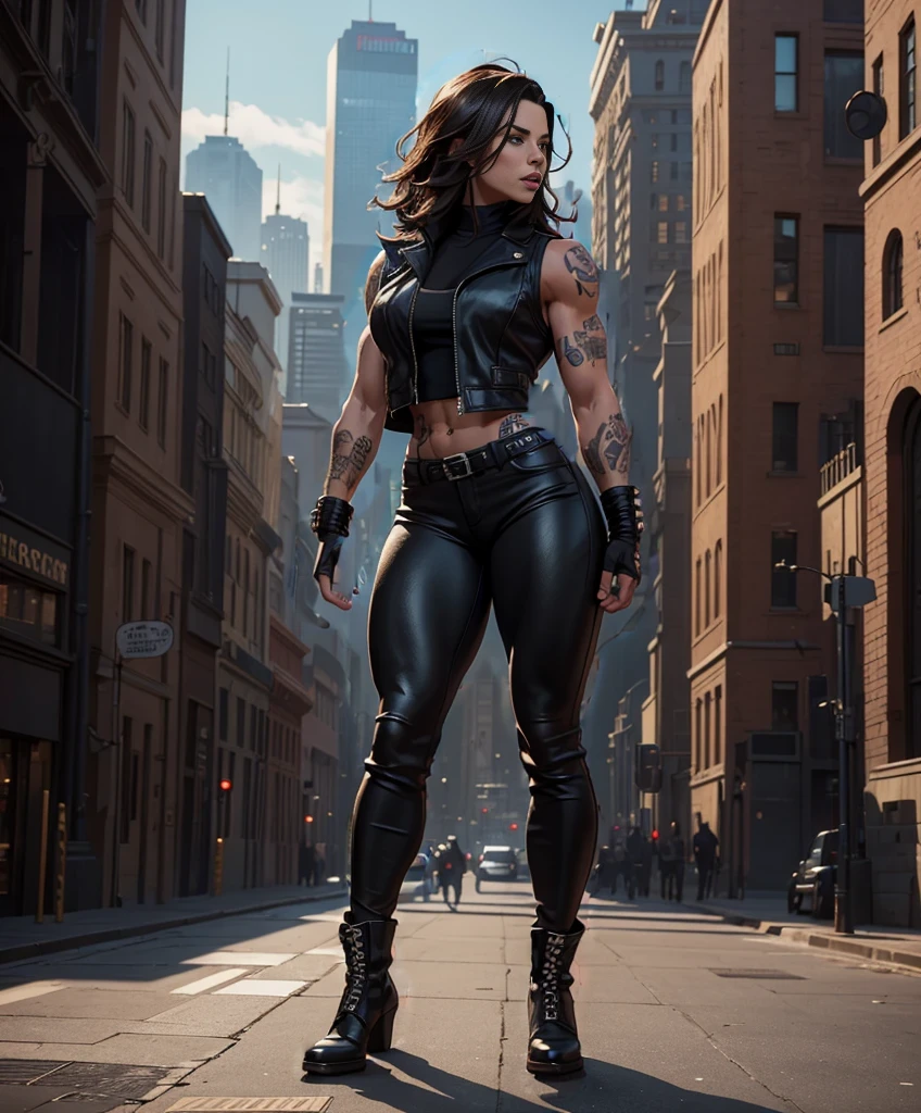 full body shot, Body profile of muscular female bodybuilders - large voluminous female muscles.,wearing an open black leather vest.., tight pants, and heavy boots, She has a punk rock look. Her tattoos all over her body highlight her seasoned character...., Hyper-realistic close-up photo of Kate Beckinsale, masterpiece, Best quality, (Photorealistic:1.4), Create dystopian masterpieces. Capture the cityscape in the game&#39;s gritty concept art style.. This work should evoke a feeling of abandonment and despair in a futuristic world., post-apocalyptic peace. Pay attention to subtle details, sharp focus.