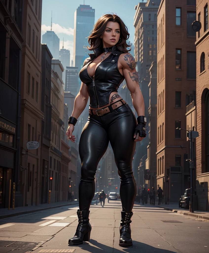 full body shot, Body profile of muscular female bodybuilders - large voluminous female muscles.,wearing an open black leather vest.., tight pants, and heavy boots, She has a punk rock look. Her tattoos all over her body highlight her seasoned character...., Hyper-realistic close-up photo of Kate Beckinsale, masterpiece, Best quality, (Photorealistic:1.4), Create dystopian masterpieces. Capture the cityscape in the game's gritty concept art style.. This work should evoke a feeling of abandonment and despair in a futuristic world., post-apocalyptic peace. Pay attention to subtle details, sharp focus.