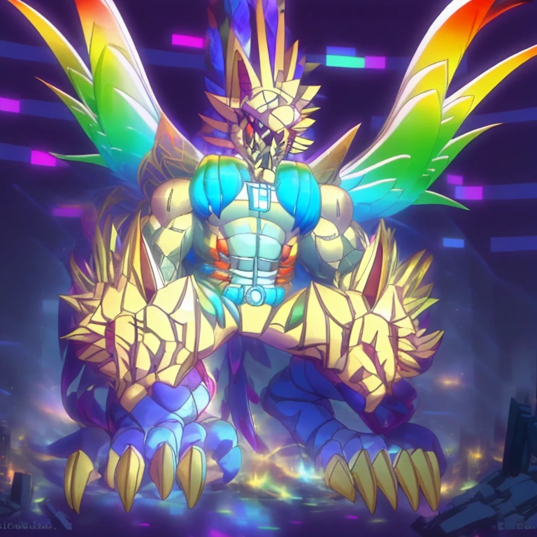 (masterpiece. official art. 8k. best quality. detailed full body. full body.)
(situation 1 : dominating The Phoenix Wolf. The Phoenix Wolf is over 1000 meters long. focus giant mechanical Muscular The Phoenix Wolf is trampling the car. Looking down.)
(situation 2 :smoke and flames rising from the destruction in the city)
(Additional details 1: Wearing golden Armor. Cape. Helmet. real texture material. whole body shines like metal. emphasizes the muscles. suit fully made of metal. Robotic suit. no face.).
(Additional details 1.5: The arms are golden. The lower half of the body is golden. The wolf-shaped helmet has sharp fangs. The whole body is golden. The chest area is also golden. There is a ring above the head.).
(Additional details 2: Detailed head. Detailed Body. Detailed abs. gigantic muscles. HYPER MUSCLES. Gigachad Muscular. big muscle. pecs. triceps. traps. unusually developed muscular body. body full of huge muscles. showing off muscles. pectorales enormes. Exaggeratedly huge muscles. huge muscles. long legs.).
(Additional details 3: Spread wings. It has wings. The claws are sharp. Sharp teeth.). He is laughing defiantly. The claws are sharp. Sharp teeth.).
(Additional details 3.5 : nj5furry, He is laughing defiantly. medieval armor.).