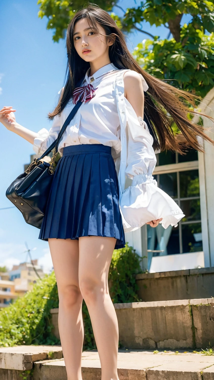 ((Viewing angle from below、Highest quality、masterpiece、32k、Every detail))、Descend the outdoor stairs、commute、Systemic manifestations、Traditional navy blue sailor uniform、White blouse、Pleated skirt、(((A strong wind blows my hair and skirt away:1.62)))、((I always carry the shoulder strap of my bag across my body..:1.22))、One Girl, alone、(((mini skirt, No underwear:1.22)))、Big Breasts、barefoot, High heels