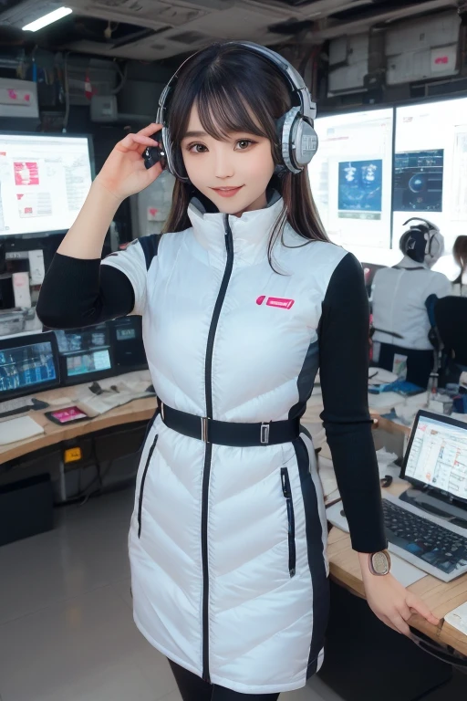 masterpiece, Highest quality, Very detailed, 8K Portrait,Japanese Android Girl,plump , Control panel,Robotic arms and legs, Blunt bangs,,break (Metallic Gray, Metallic luster, Mirror finish, Astro Best):5,headphone:5,break (Black sleeves):100,Smart Watches,Futuristic space station,Control Room,break headphone,blue eyes,(Black Hair):2,(Long Hair):1.3,Displaying the viewer,(respirator),break blush:3,Hidden Hand,smile
