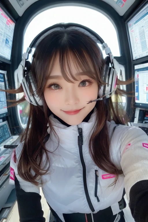 masterpiece, Highest quality, Very detailed, 8K Portrait,Japanese Android Girl,plump , Control panel,Robotic arms and legs, Blunt bangs,,break (Metallic Gray, Metallic luster, Mirror finish, Astro Best):5,headphone:5,break (Black sleeves):100,Smart Watches,Futuristic space station,Control Room,break headphone,blue eyes,(Black Hair):2,(Long Hair):1.3,Displaying the viewer,(respirator),break blush:3,Hidden Hand,smile