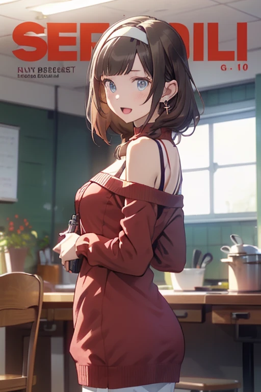 (small breasts:1.2), (perky chest:1.1), (pointed chest:1.0), (hand gun magazine cover:1.3)，(from below:1.2),(from side:0.9),masterpiece, 1girl, Amazing Cleavage:1.1, thin waist, big ass, Raised sexy, small breast: 1.2, posed cleavage:1.2、solo, open mouth, have a cute grass of cute beergrass,black hair, dark green eyes, dress, bare shoulders, jewelry, collarbone, sidelocks, hairband, earrings, indoors, off shoulder, sweater, arms behind back, plant, short hair with long locks, gild hairband, sweater dress:1.2, off-shoulder sweater, red sweater, dark gord hair, big side hair, very long side hair,is rendered in (masterpiece: 1.2, best quality), with (ultra high resolution) and an exquisite (depth of field). This masterpiece is not only visually stunning but also tells,A scene of cooking in the kitchen by classroom ,looking at viewer,
