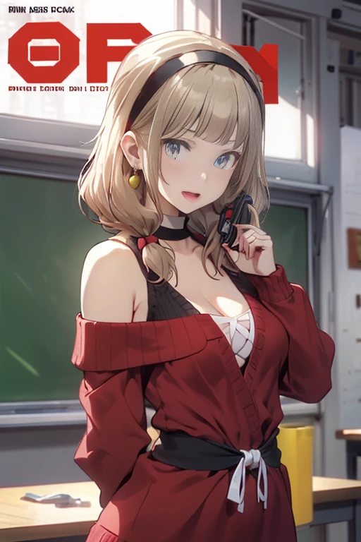 (small breasts:1.2), (perky chest:1.1), (pointed chest:1.0), (hand gun magazine cover:1.3),(from below:1.2),(from side:0.9),masterpiece, 1girl, Amazing Cleavage:1.1, thin waist, big ass, Raised sexy, small breast: 1.2, posed cleavage:1.2、solo, open mouth, have a cute grass of cute beergrass,black hair, dark green eyes, dress, bare shoulders, jewelry, collarbone, sidelocks, hairband, earrings, indoors, off shoulder, sweater, arms behind back, plant, short hair with long locks, gild hairband, sweater dress:1.2, off-shoulder sweater, red sweater, dark gord hair, big side hair, very long side hair,is rendered in (masterpiece: 1.2, best quality), with (ultra high resolution) and an exquisite (depth of field). This masterpiece is not only visually stunning but also tells,A scene of cooking in the kitchen by classroom ,looking at viewer,
