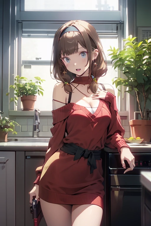 (small breasts:1.2), (perky chest:1.1), (pointed chest:1.0), (hand gun magazine cover:1.3),(from below:1.2),(from side:0.9),masterpiece, 1girl, Amazing Cleavage:1.1, thin waist, big ass, Raised sexy, small breast: 1.2, posed cleavage:1.2、solo, open mouth, have a cute grass of cute beergrass,black hair, dark green eyes, dress, bare shoulders, jewelry, collarbone, sidelocks, hairband, earrings, indoors, off shoulder, sweater, arms behind back, plant, short hair with long locks, gild hairband, sweater dress:1.2, off-shoulder sweater, red sweater, dark gord hair, big side hair, very long side hair,is rendered in (masterpiece: 1.2, best quality), with (ultra high resolution) and an exquisite (depth of field). This masterpiece is not only visually stunning but also tells,A scene of cooking in the kitchen by classroom ,looking at viewer,