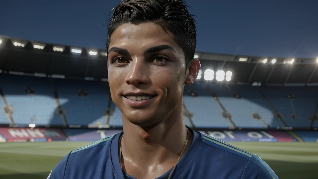 "Close-up of Cristiano Ronaldo in a Grêmio Porto Alegrense shirt, smiling, with a blurred stadium background, 4K, realistic lighting and shadows."