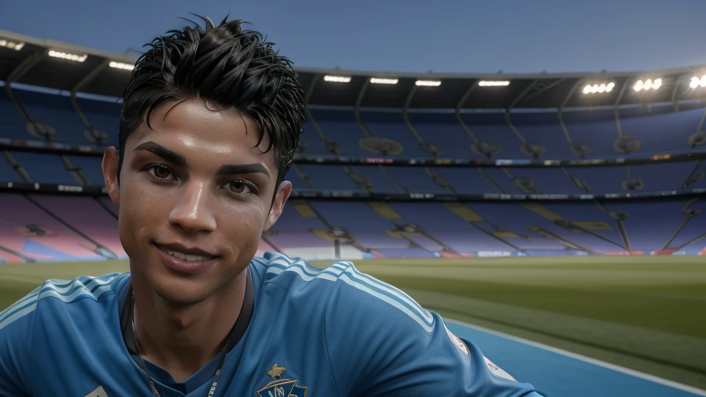 "Close-up of Cristiano Ronaldo in a Grêmio Porto Alegrense shirt, smiling, with a blurred stadium background, 4K, realistic lighting and shadows."