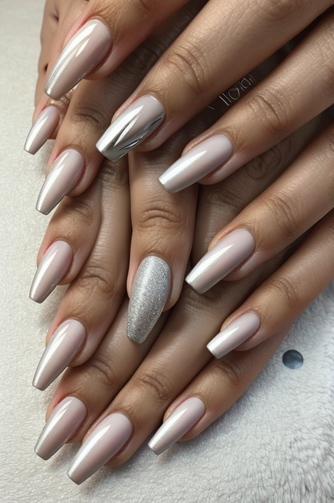 acrylic nail designs on brown skin, almond nails with a milky white base and some silver or metallic silver design