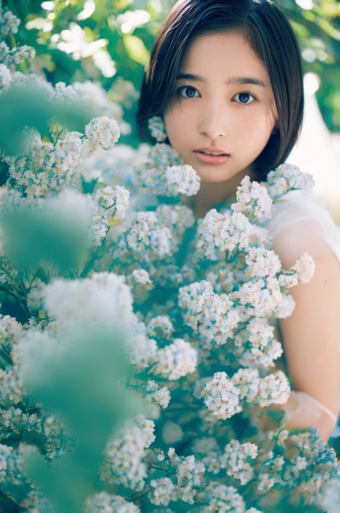 You are a professional gravure photographer.。とても美しい一人の日本人女性のphotographを創造してください。Delicate facial features、Bob Hair, Captivating Gaze、Thigh shot , Lunar Surface、Advanced Depth of Field、masterpiece、Highest quality、photograph、reality、High resolution、Very detailed、