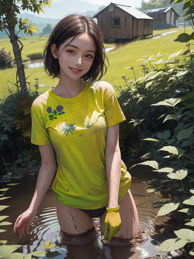 1girl, panties, t-shirts, detailed face, looking at viewer, smile, flooding puddle, (wild shrubs:1.2), small rickety hut, outdoor, direct sunlight, natural light, photorealistic, cinematic lighting, dirty muddy clothes, (, cute:1.2), (breasts:1.2),