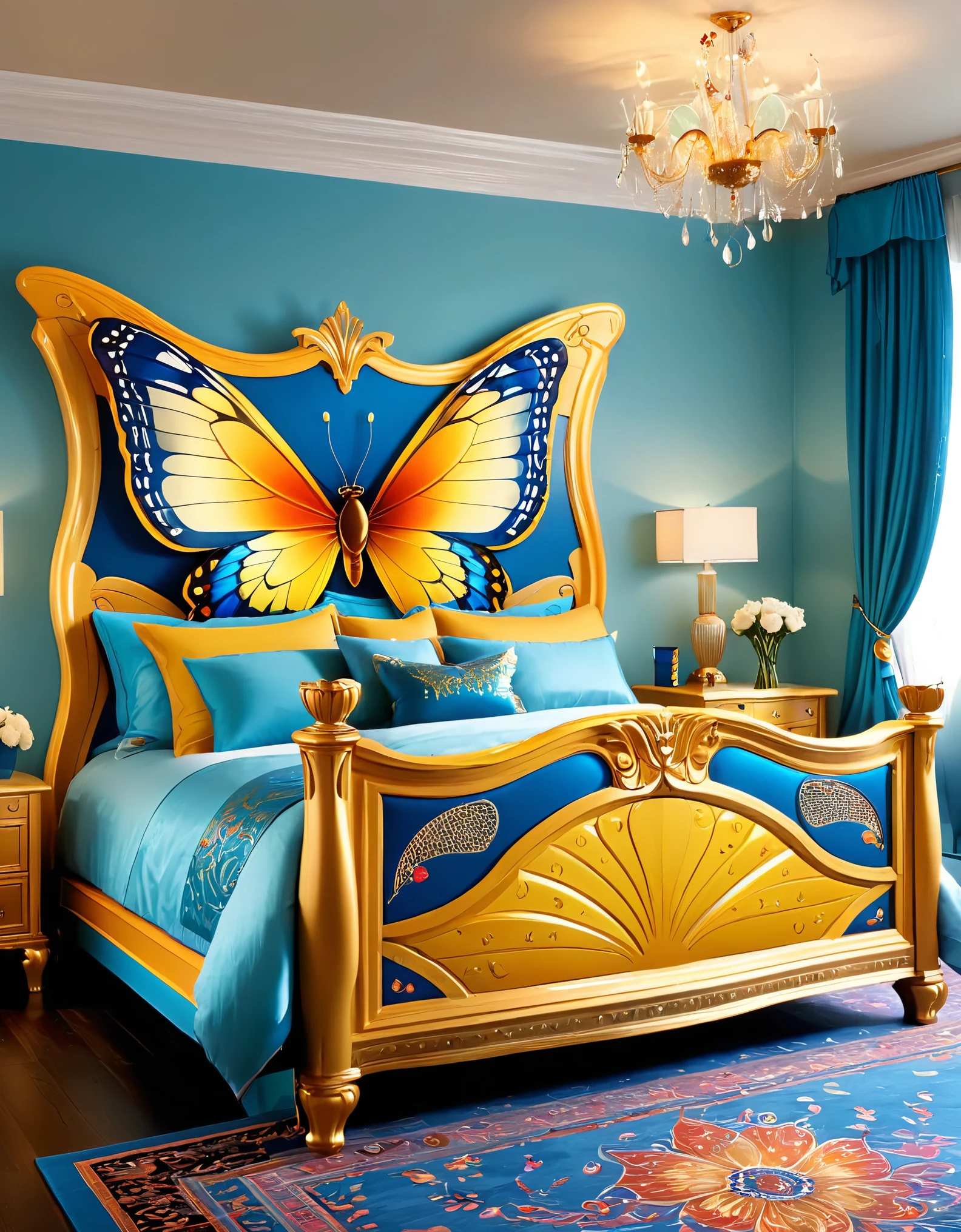 High-quality, bedroom furniture design, butterfly-inspired, vibrant colors, butterfly patterns, intricate detailing, luxurious and colorful, unique and artistic, furniture set, bedroom decor, eye-catching, nature-inspired, butterfly motifs, intricate woodwork, hand-painted details, elegant and colorful, stylish bedroom, artistic craftsmanship, vibrant upholstery, exquisite design, graceful curves, colorful bedroom ensemble, exquisite detailing, mimicking butterfly wings, upscale interior design, captivating, one-of-a-kind, colorful room decor, butterfly-themed bedroom