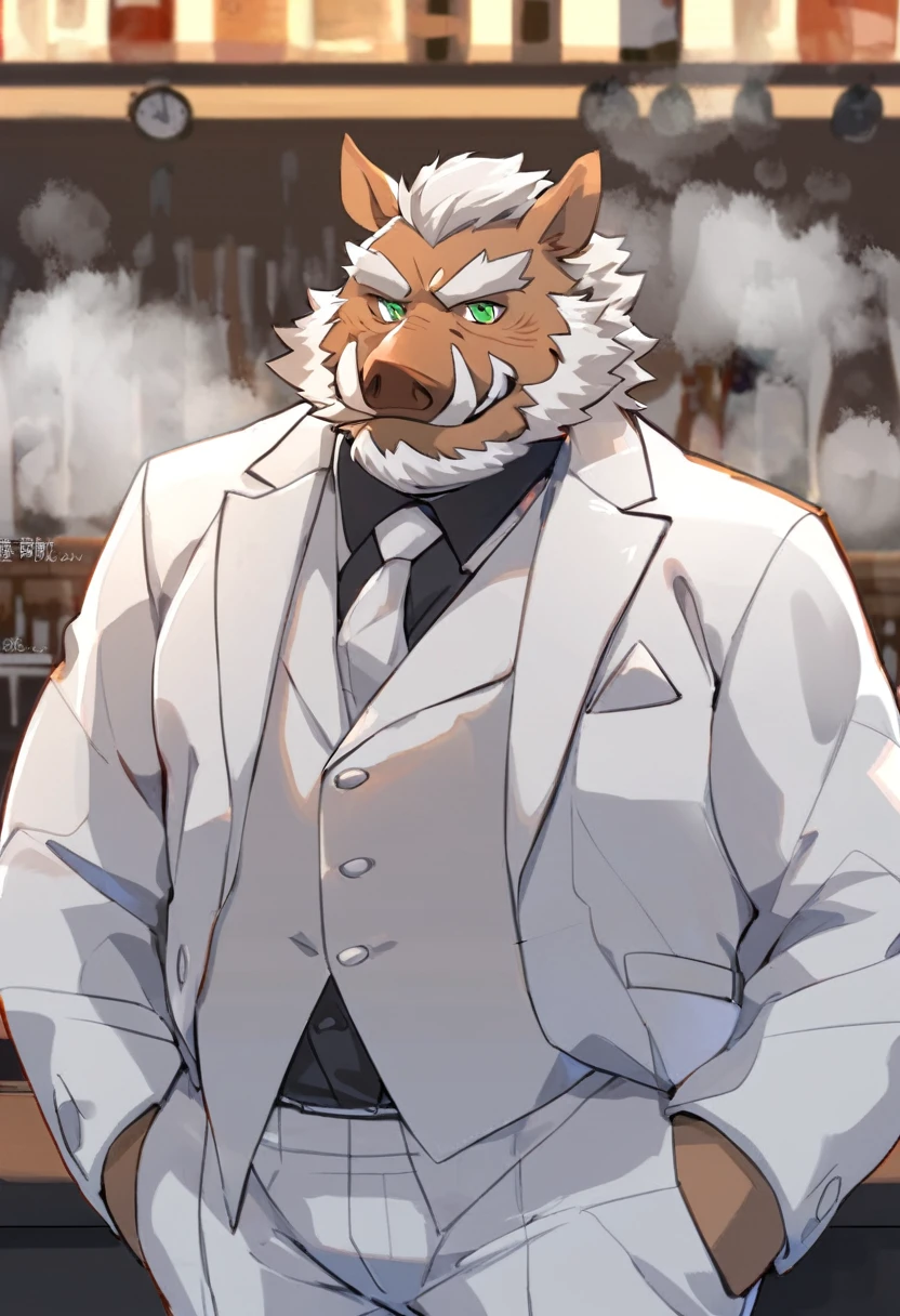 Wild Boar，personification，Mature male，Bad Uncle，Sarcastic expression，Green pupils，White eyebrows，White suit suit，Hands in pockets，The Age of Steam，Lively bar。