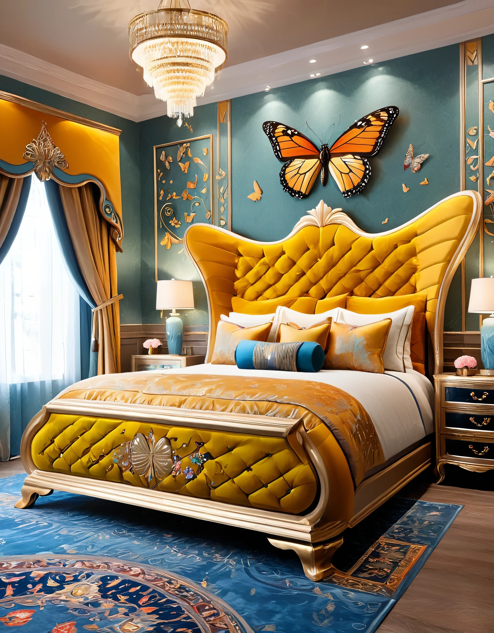 High-quality, bedroom furniture design, butterfly-inspired, vibrant colors, butterfly patterns, intricate detailing, luxurious and colorful, unique and artistic, furniture set, bedroom decor, eye-catching, nature-inspired, butterfly motifs, intricate woodwork, hand-painted details, elegant and colorful, stylish bedroom, artistic craftsmanship, vibrant upholstery, exquisite design, graceful curves, colorful bedroom ensemble, exquisite detailing, mimicking butterfly wings, upscale interior design, captivating, one-of-a-kind, colorful room decor, butterfly-themed bedroom