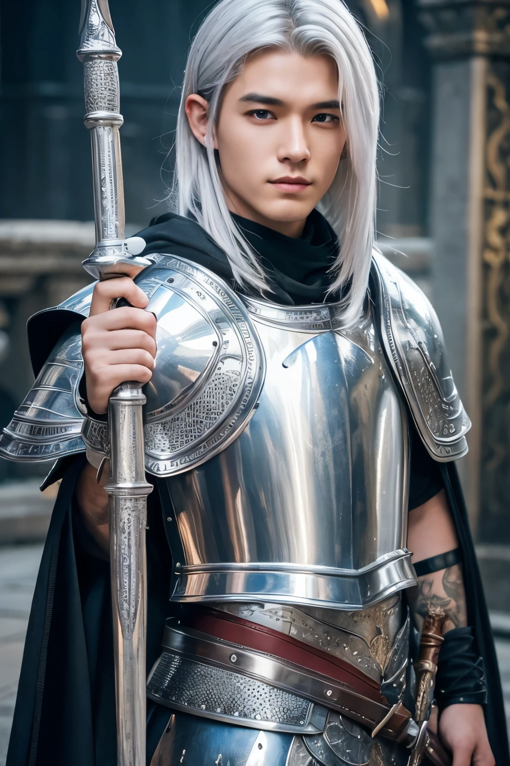Handsome young man 22 years old with silver hair wearing a breastplate and carrying a mace, silver hair, fantasy, standing next to a silver dragon