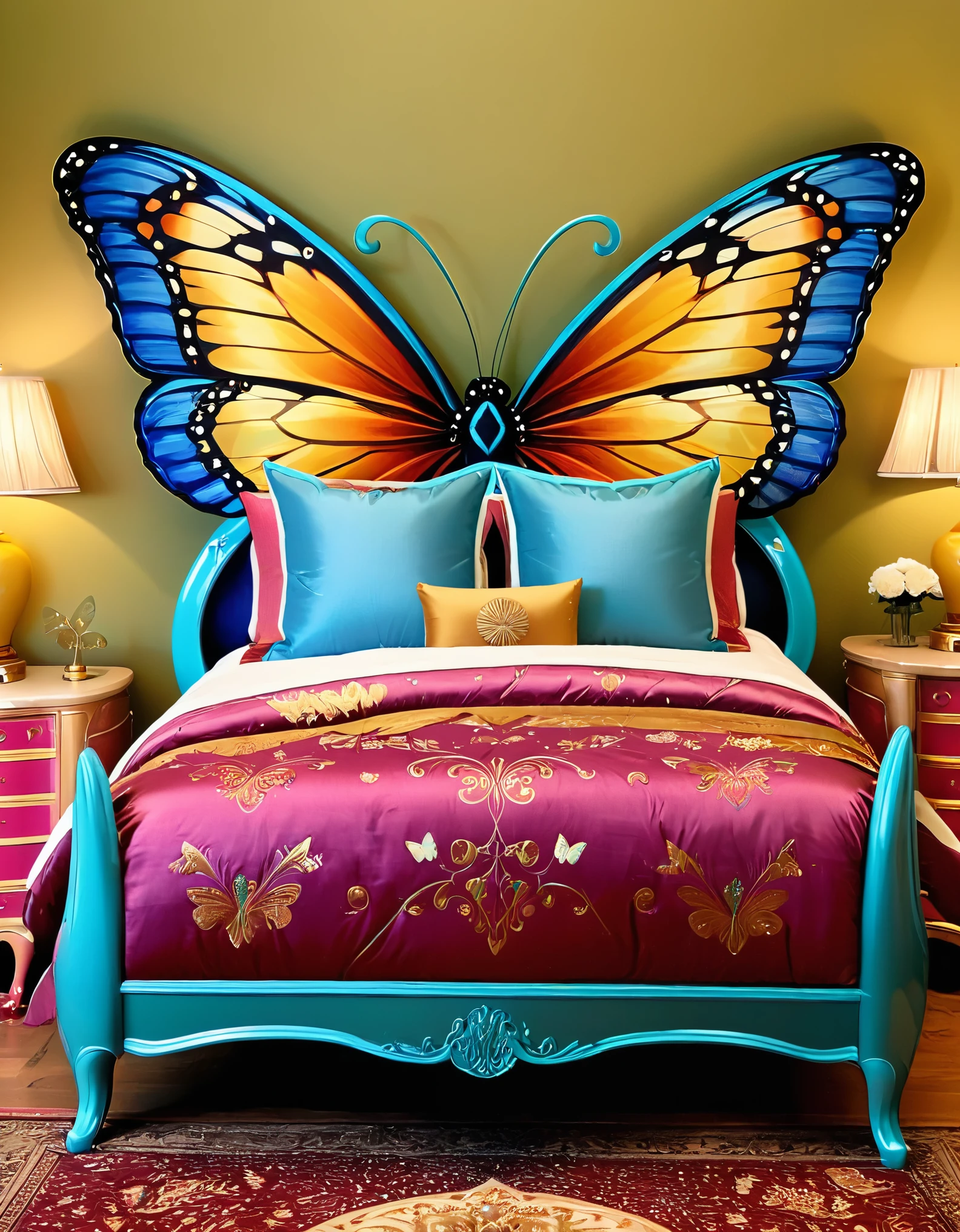 High-quality, bedroom furniture design, butterfly-inspired, vibrant colors, butterfly patterns, intricate detailing, luxurious and colorful, unique and artistic, furniture set, bedroom decor, eye-catching, nature-inspired, butterfly motifs, intricate woodwork, hand-painted details, elegant and colorful, stylish bedroom, artistic craftsmanship, vibrant upholstery, exquisite design, graceful curves, colorful bedroom ensemble, exquisite detailing, mimicking butterfly wings, upscale interior design, captivating, one-of-a-kind, colorful room decor, butterfly-themed bedroom