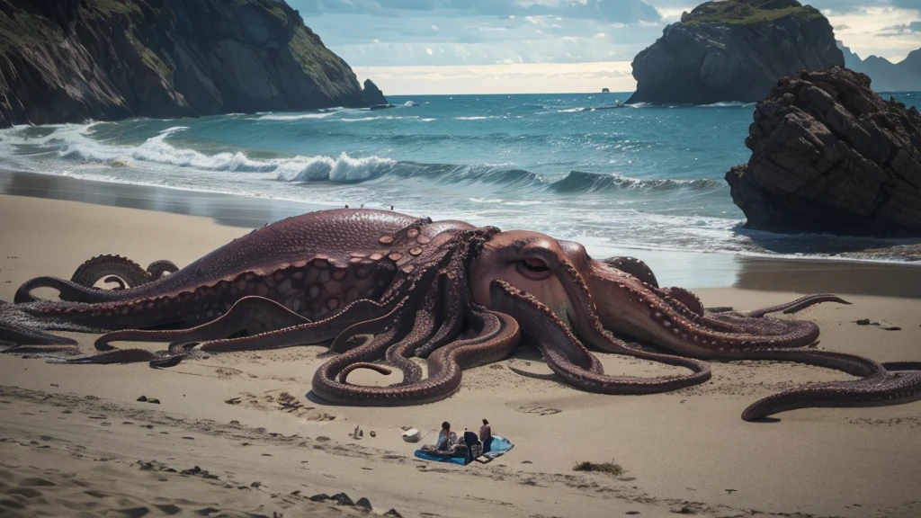 a scene, apparently taken from an old camera, from a distance not too close, ultra realisitic, where it shows a giant realistic octopus dead and stranded on a beach, hundreds of curious people surround him.
