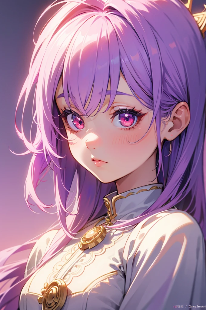 cute girl, lilac hair, red eyes, anime, hyper-realistic, 8k, extremely detailed, highres, masterpiece, ethereal, glowing, soft lighting, detailed facial features, long eyelashes, intricate clothing details, fantasy, dreamlike, vibrant colors, beautiful background, digital art