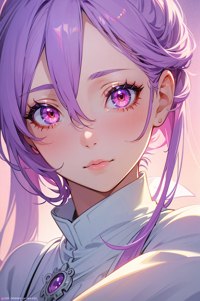 cute girl, lilac hair, red eyes, anime, hyper-realistic, 8k, extremely detailed, highres, masterpiece, ethereal, glowing, soft lighting, detailed facial features, long eyelashes, intricate clothing details, fantasy, dreamlike, vibrant colors, beautiful background, digital art