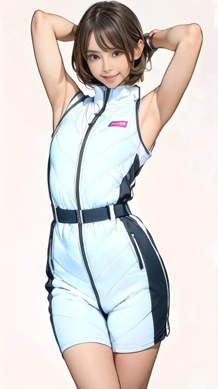 Actual,best Actual quality:1.1),(photo shoot:1.1),(High resolution), (Highly detailed and Actual face),Half Body,(Actual human skin),(everyone),(White skin of a 15 year old,Light brown short bob, Wear a sexy tight astronaut suit,) A room in the space station, ((15-year-old girl, Young Smile, slim, Tight waist, Thin thighs, Thin arms)), ((Raise your arms, Please show me your armpits))