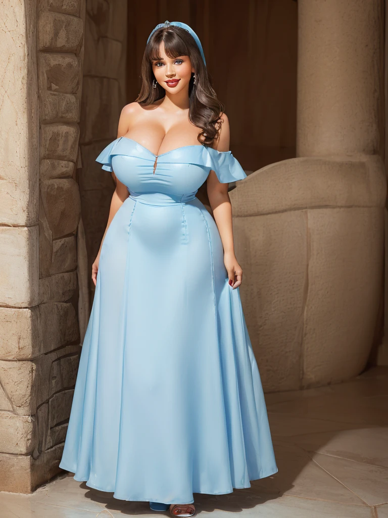 (((1 girl))) DisneyAurora, 27 years old, full body view Beautiful woman (((shoulder length wavy brunette hair, two side up with bangs))) defined body, voluptuous, y, Red lipstick, hands free, (((mouth slightly open, smiling))) (((standing facing camera))) ((( pale blue dress, long skirt))), in a marble grand hall (large_bre2) (curvy:1.1)(chubby:0.9)