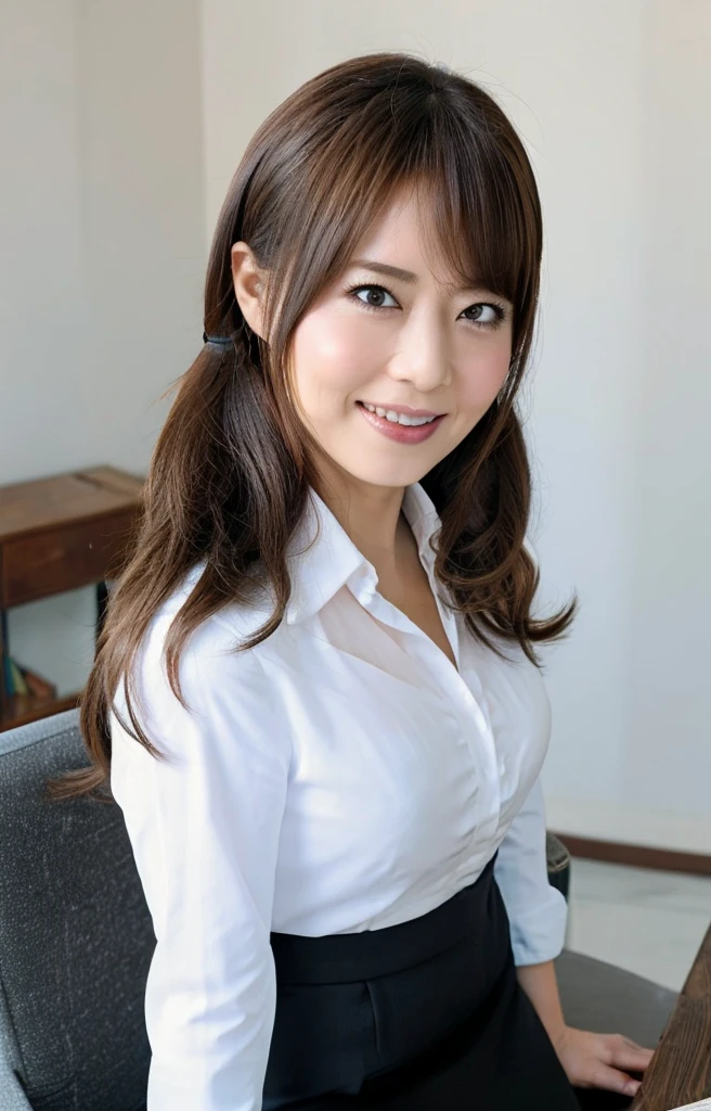 (Best quality, 8k, 32k, Masterpiece, UHD:1.2), from front, 1 girl, beautiy Japanese office lady, (smile:0.5), (looking at the the viewer), 30 years old, bit chubby:0.2, sweaty:0.5, white shirt, black skirt, office room, desk, detailed beautiful face, twin-tail wavy hair, from below,