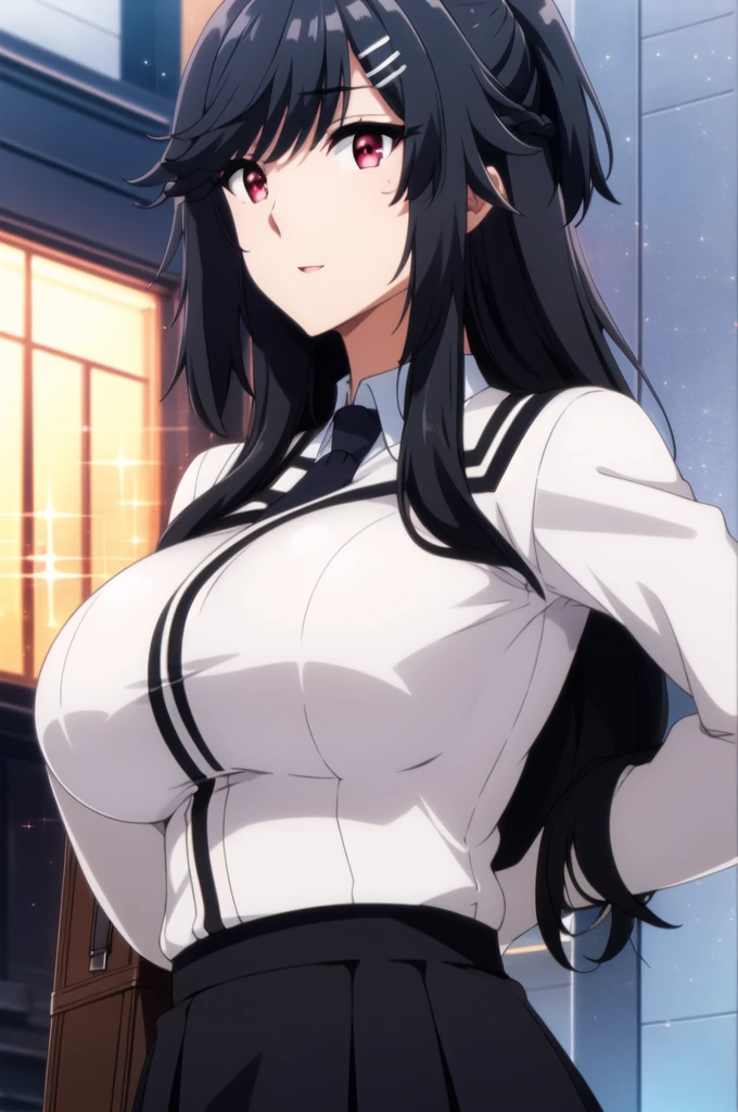 (day:1.7), Japan, a street with a suitcase on his back and a building in the background, 
Standing at attention,
 white shirt ,black skirt,jacket,,Black Tie,
bangs, black hair,hair ornament, hairclip, long hair, red eyes,
1 girl, 20yo,Young female,Beautiful Finger,Beautiful long legs,Beautiful body,Beautiful Nose,Beautiful character design, perfect eyes, perfect face,expressive eyes,
looking at viewer, in the center of the image,(Upper_body),(close-Up),(Focus on her face),
official art,extremely detailed CG unity 8k wallpaper, perfect lighting,Colorful, Bright_Front_face_Lighting,shiny skin, 
(masterpiece:1.0),(best_quality:1.0), ultra high res,4K,ultra-detailed,
photography, 8K, HDR, highres, absurdres:1.2, Kodak portra 400, film grain, blurry background, bokeh:1.2, lens flare, (vibrant_color:1.2)
(Beautiful,large_Breasts:1.4), (beautiful_face:1.5),(narrow_waist),