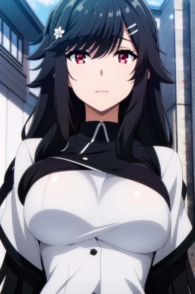 (day:1.7), Japan, a street with a suitcase on his back and a building in the background,
Standing at attention,
white shirt ,black skirt,jacket,,Black Tie,
bangs, black hair,hair ornament, hairclip, long hair, red eyes,
1 girl, 20yo,Young female,Beautiful Finger,Beautiful long legs,Beautiful body,Beautiful Nose,Beautiful character design, perfect eyes, perfect face,expressive eyes,
looking at viewer, in the center of the image,(Upper_body),(close-Up),(Focus on her face),
official art,extremely detailed CG unity 8k wallpaper, perfect lighting,Colorful, Bright_Front_face_Lighting,shiny skin,
(masterpiece:1.0),(best_quality:1.0), ultra high res,4K,ultra-detailed,
photography, 8K, HDR, highres, absurdres:1.2, Kodak portra 400, film grain, blurry background, bokeh:1.2, lens flare, (vibrant_color:1.2)
(Beautiful,large_Breasts:1.4), (beautiful_face:1.5),(narrow_waist),