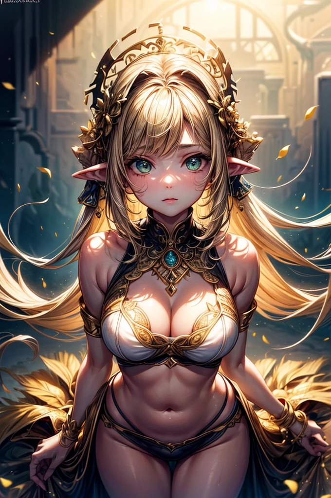 ((highest quality)),(ultra high resolution),(Super detailed),(detailed description),((best CG)),(best work of art),super precision art, great drawing art,(Art with precise details:1.5), (ung girl:1.5), beautiful and well-shaped face:1.5,(Beautiful skin with precise and detailed depiction:1.6),(sleeveless halter neck sports bra, elastic waist band shorts ),gorgeous, masterpiece, best quality, high-resolution, finely detailed, extremely detailed and beautiful, distinct-image, 1 girl, 16 year old teen, solo, soft and cute facial features, big round light green eyes, symmetrical face, plump thick lip, alabaster white skin, short height, slim beautiful body, slim waist, long golden blonde hair, natural clothing cut out from leaves adorn her body, elvish ears