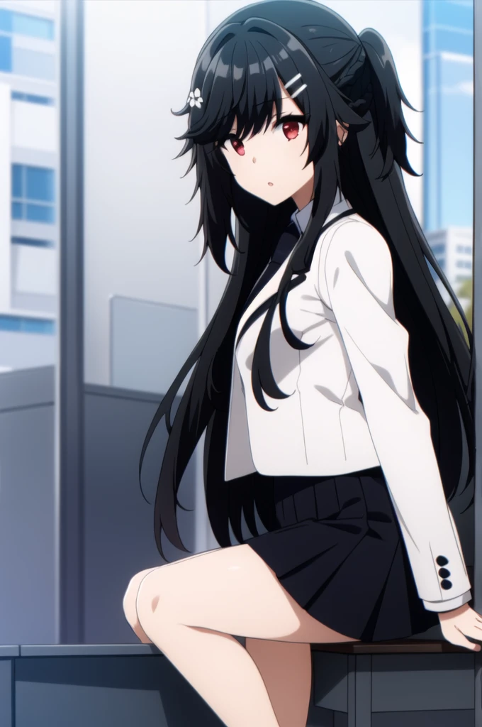  white shirt ,black skirt,jacket,,Black Tie,
bangs, black hair,hair ornament, hairclip, long hair, red eyes,
1 girl