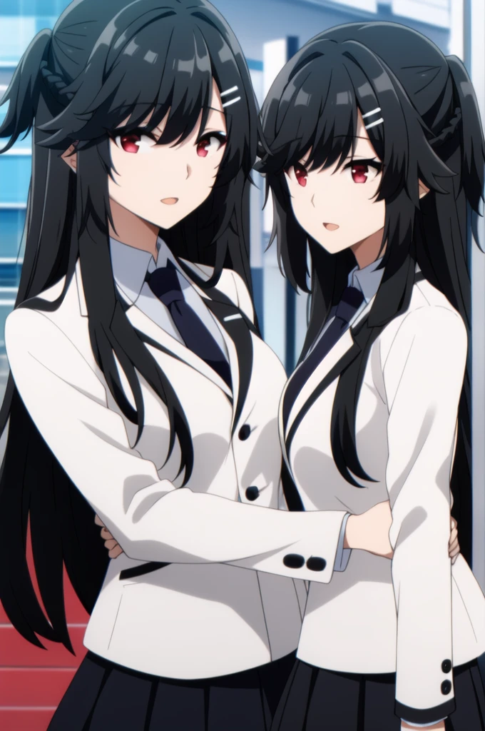  white shirt ,black skirt,jacket,,Black Tie,
bangs, black hair,hair ornament, hairclip, long hair, red eyes,
1 girl