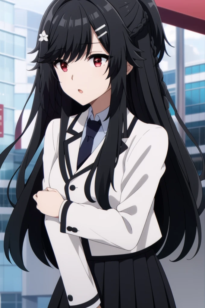  white shirt ,black skirt,jacket,,Black Tie,
bangs, black hair,hair ornament, hairclip, long hair, red eyes,
1 girl